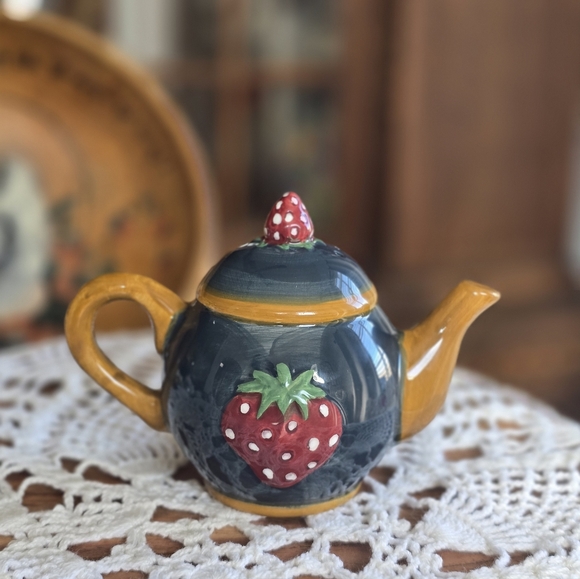 Other - Handcrafted Ceramic Teapot with Strawberry Design - Blue and Orange